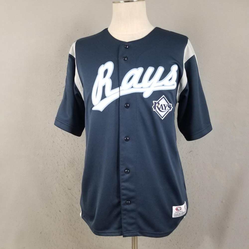 True Fan Jersey Mens Medium Navy Tampa Bay Rays MLB Baseball Button Front Script
